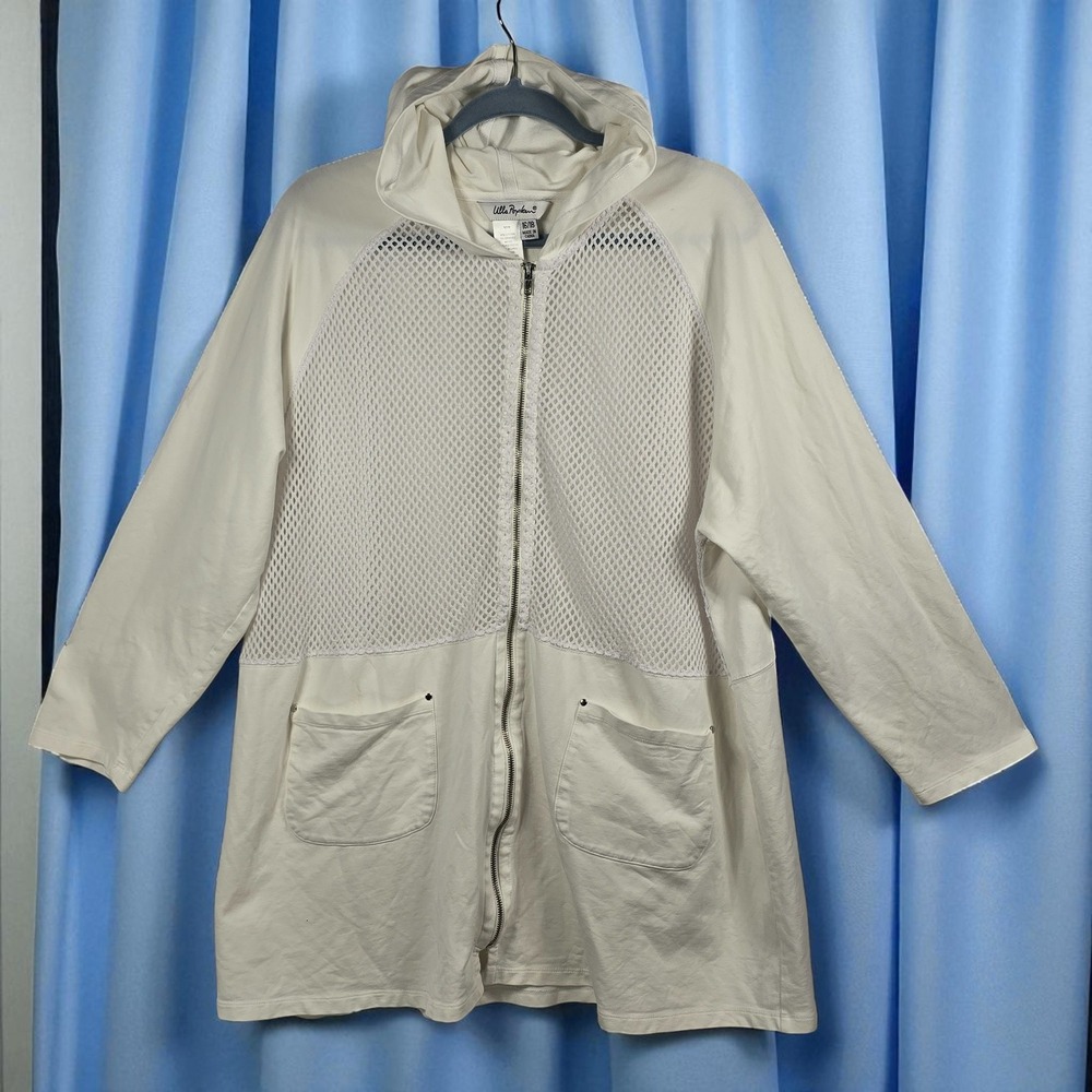 Ulla Popken Women's Plus Size Mesh Front Zip Up Hooded Tunic Sweatshirt 16/18